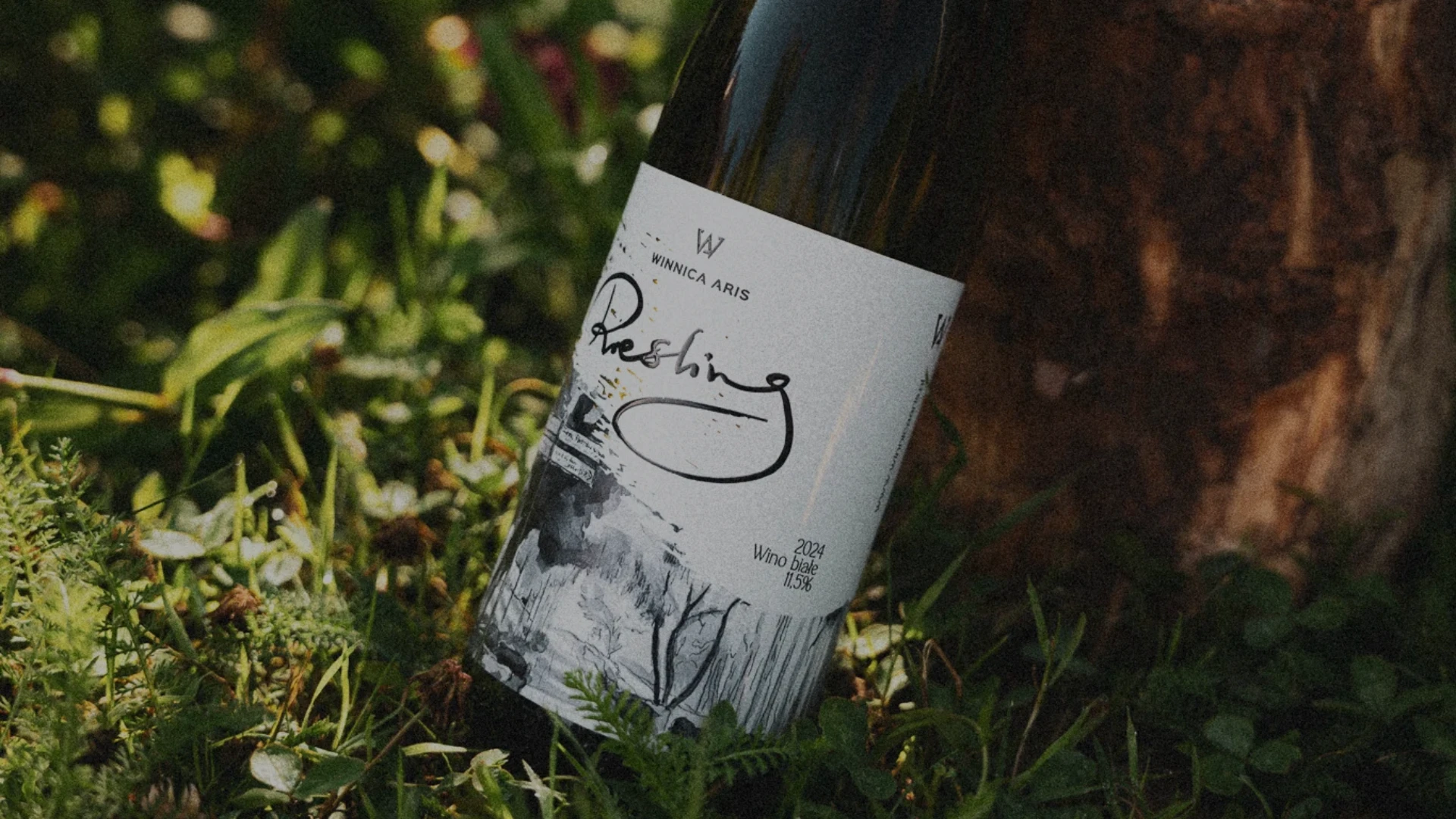 Regionalne wino białe wytrawne Riesling 2024 oparte o pień drzewa w ogrodzie, butelka w naturalnym świetle pośród zieleni.
